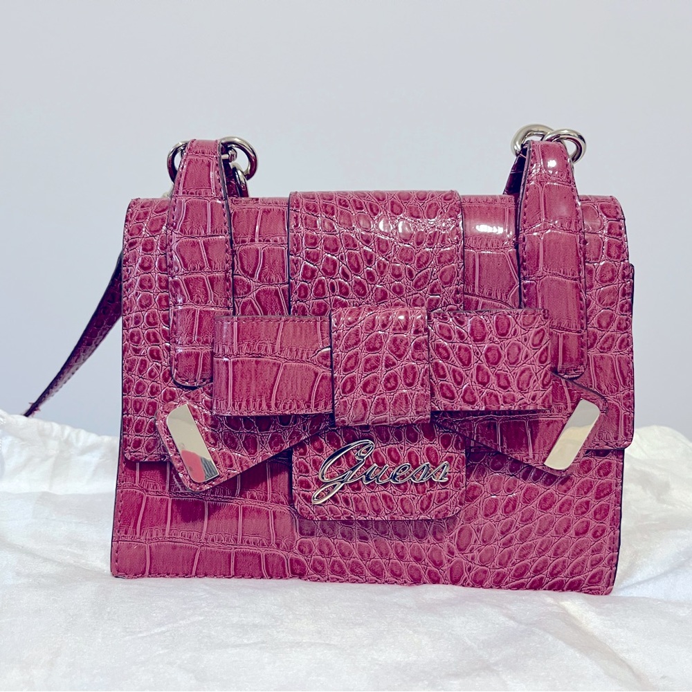 GUESS Pink Croc-Embossed Bow Crossbody Bag